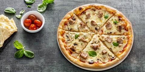 Overhead View of Delicious Pizza with Meat and Vegetables on Grunge Tabletop, Copy Space