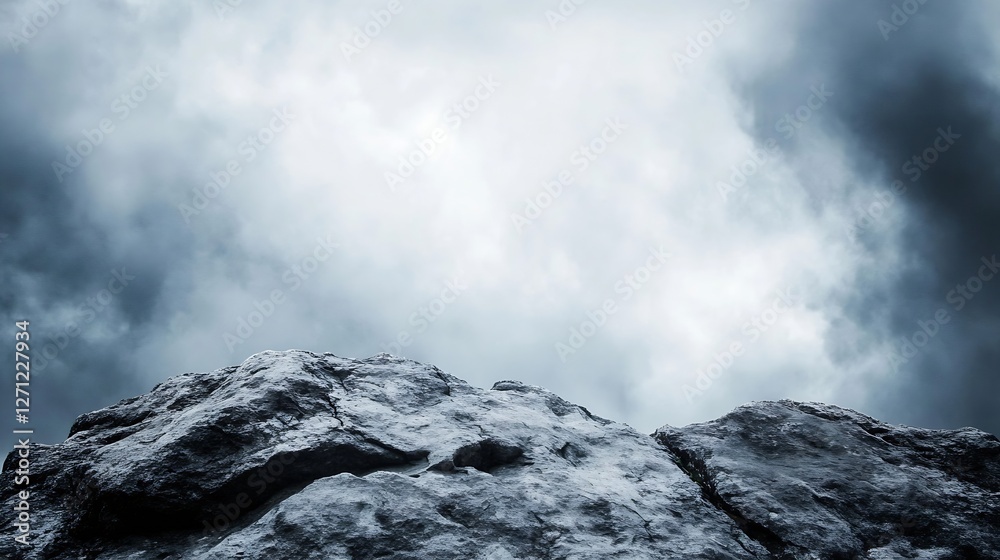 Aufkleber Dramatic textures of a grey rock formation under a cloudy sky creating a moody atmosphere : Generative AI
