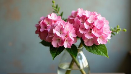 Fototapeta premium Pink hydrangeas in a vase with branches and leaves, botanical, rustic, branches