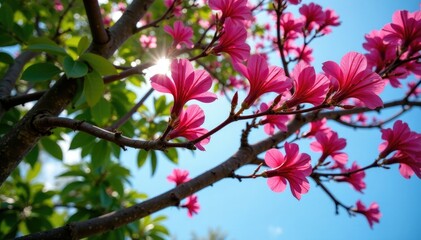 Pink nerium oleander branches stretching towards the sky, tree bark, greenery, foliage