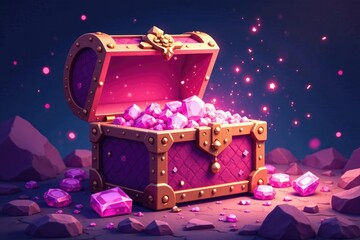 Pink pixel art treasure box with open lid and sparkles, pink, box, gemstones