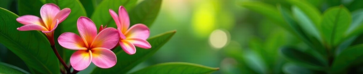 Naklejka premium Pink Plumeria and green leaves in a lush garden, blossom, frangipani
