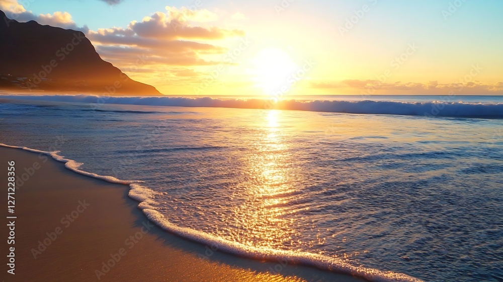 Poster stunning scenic sunset over the ocean with gentle waves lapping against the shore and vibrant colors