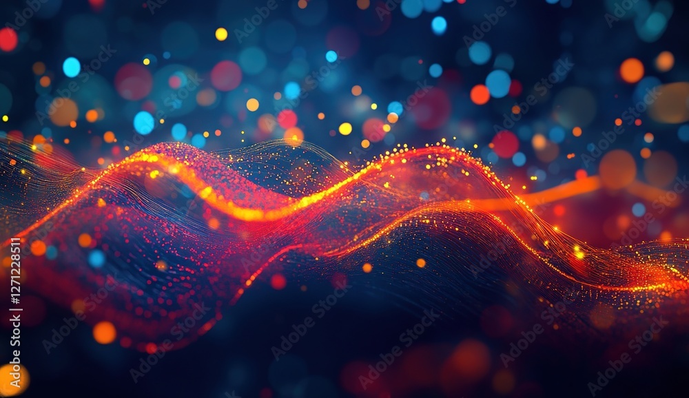 Poster abstract waves of light: glowing particles flow dynamically in vibrant hues, creating a mesmerizing 