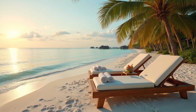 Tropical sea beach at luxury resort with two sunbeds. White sand, calm turquoise water, palms, bungalows. Vacation background at exotic Maldives. Romantic honeymoon getaway. Holiday at paradise - Powered by Adobe