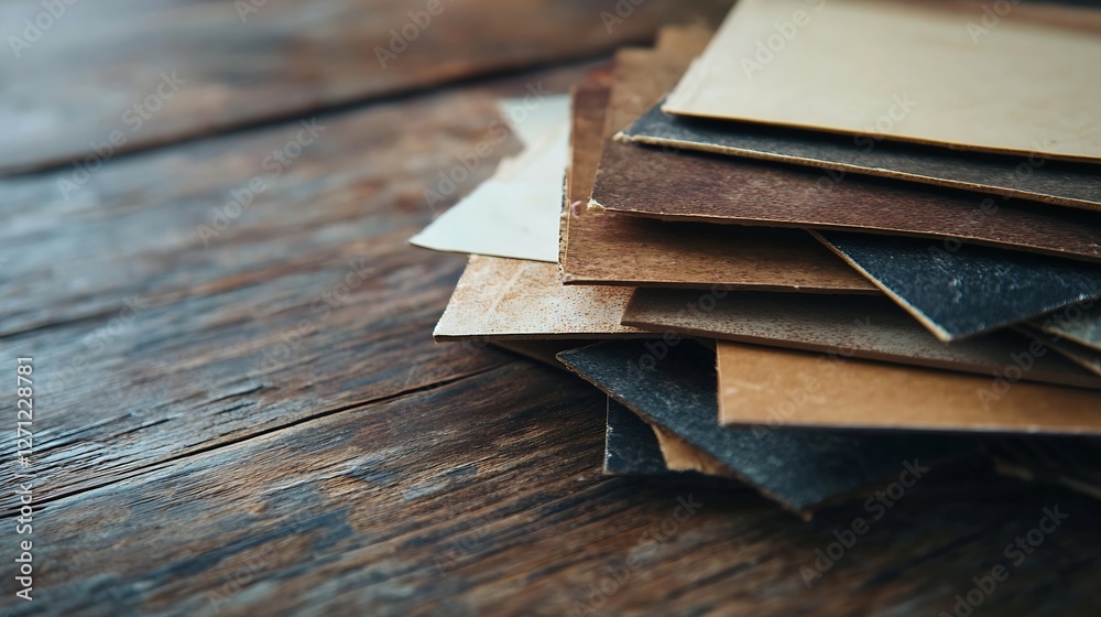Poster different shades of highquality leather sheets stacked on an old wooden surface providing a rustic a