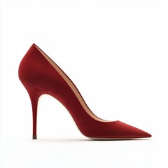 Obraz premium A single elegant red suede high-heeled pump pointed toe slim stiletto heel soft velvety texture deep red color beige leather interior side profile pure white background.