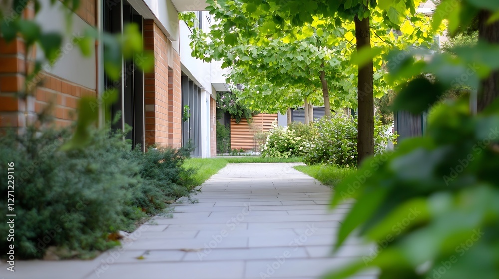 Poster charming pathway surrounded by greenery leading to a beautiful outdoor space in a modern setting : g