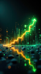 Financial growth digital illustration with upward trend line set against futuristic cityscape backdrop.