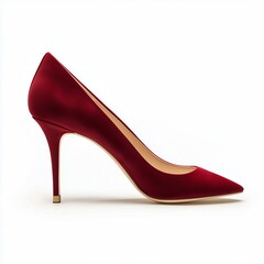 Obraz premium A single elegant red suede high-heeled pump pointed toe slim stiletto heel soft velvety texture deep red color beige leather interior side profile pure white background.