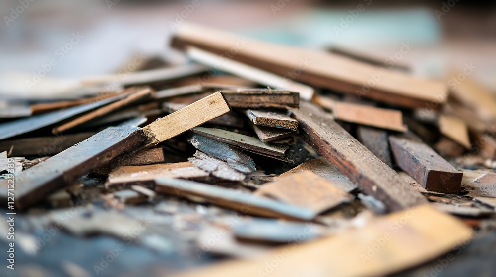 Poster Wooden Scraps and Shavings Piled Together on a Carpentry Workshop Table for Creative Projects : Generative AI