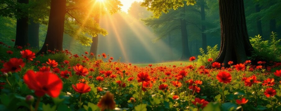 Scarlet sunlit flowers against a backdrop of towering green trees and lush foliage in a serene landscape, forest landscape, red, green