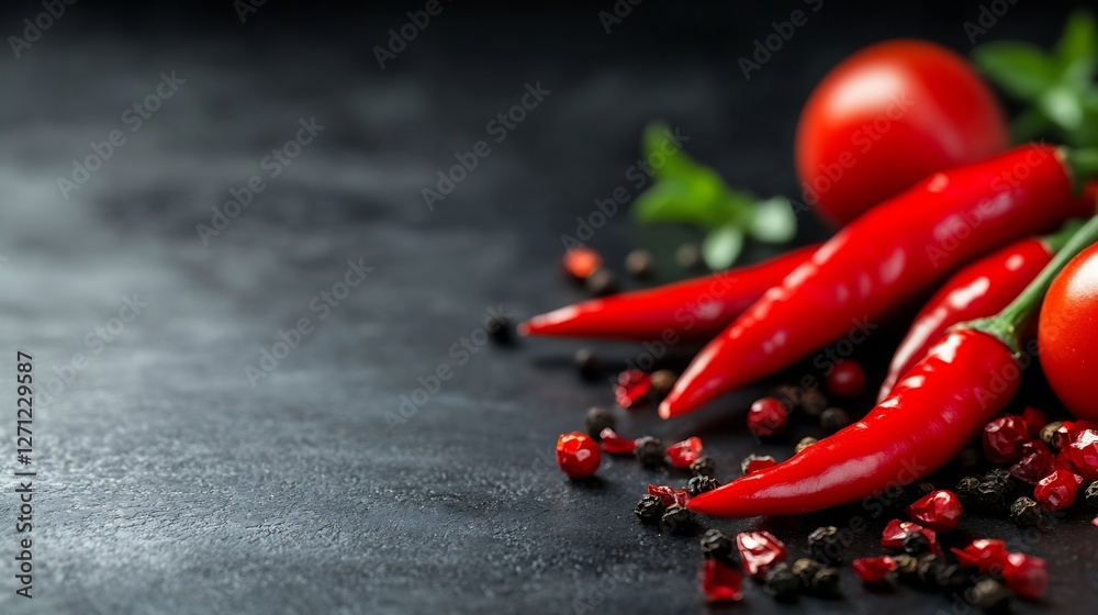Aufkleber fresh vibrant red chili peppers and tomatoes on a dark countertop with spices for cooking : generati