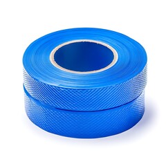 A roll of blue electrical tape is stacked on top of another roll, isolated on a white background.