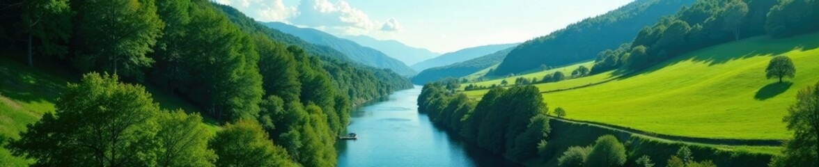 Obraz premium serene canyon landscape with forest on left, green fields on right, river flowing through, river, fields, canyon
