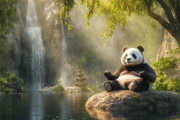 Obraz premium Calm giant panda relaxing near waterfall in mystical forest landscape