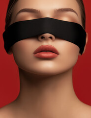 Portrait of a beautiful woman with a blindfold, eyes closed, and her mouth covered by a black ribbon on a red background © AstroArchive