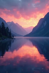 Serene lake at dusk with misty mountains and sunset colors, peaceful, calm