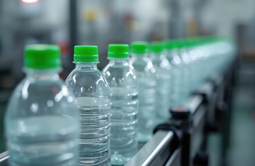 Row of clear plastic water bottles with green caps on production line in factory. Blurred background. Beverage manufacturing industry concept. Water bottling process. Plastic recycling. Clean drink