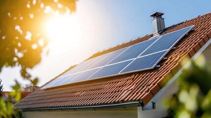 Residential solar panel installation atop a terracotta tiled roof system