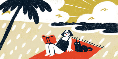 Woman relaxing on beach with cat under palm trees and sunshine