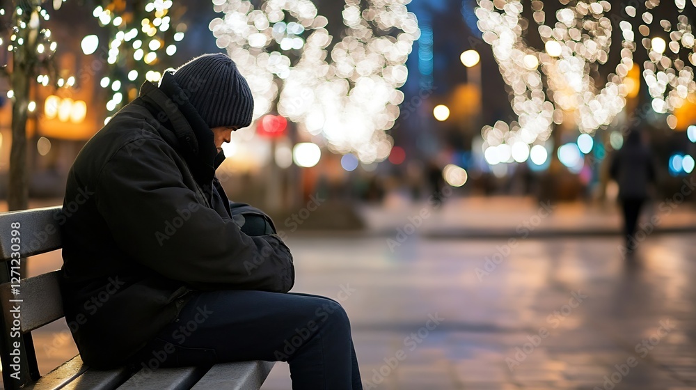 Poster melancholic scene of a man sitting on a bench at night illuminated by glowing lights in the backgrou