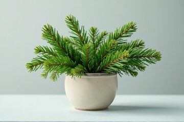 Small bunch of green Christmas tree branches in a small ceramic basket, natural, Christmas, branch