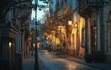 Fototapeta premium A beautiful European city street at dusk