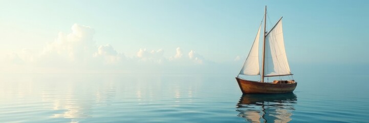 Fototapeta premium Small wooden sailboat on a serene and still sea, nautical, boat, peaceful