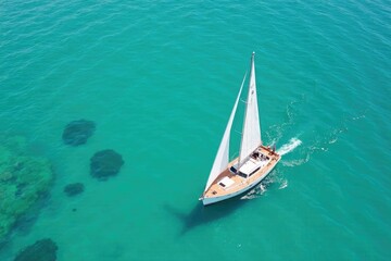 Small white sailboat navigates through clear turquoise water, nautical, blue, turquoise