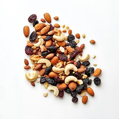 Fototapeta premium A small pile of mixed nuts and dried fruit, isolated on a white background.