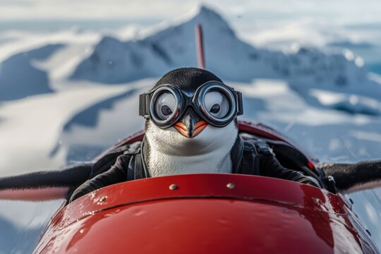 Penguin pilot in goggles flying aircraft over snowy mountains