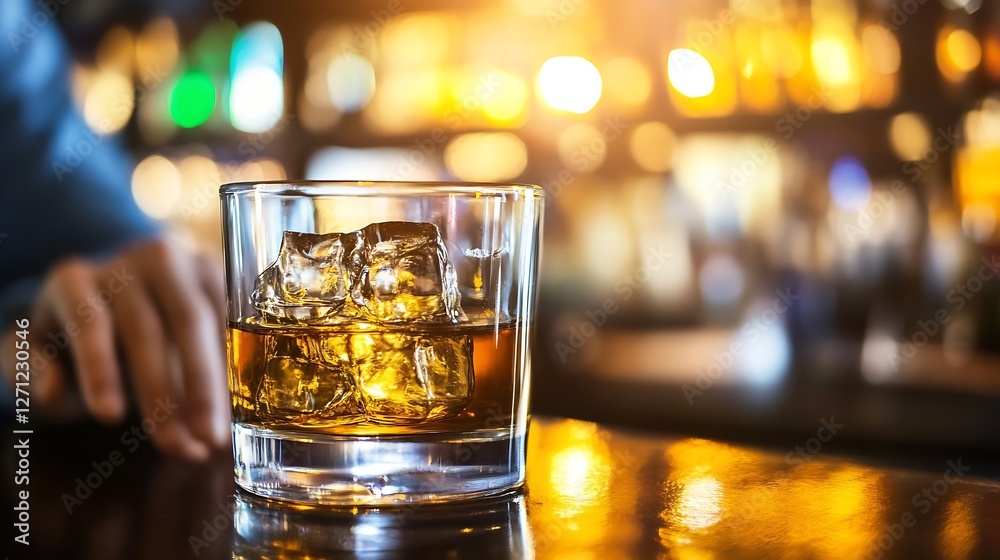 Aufkleber refreshing glass of whiskey with ice cubes in a cozy bar atmosphere : generative ai