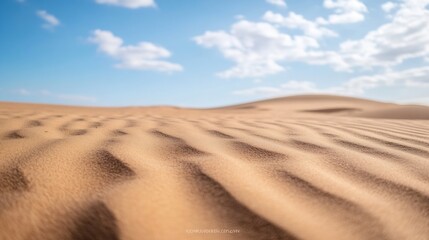 Expansive desert landscape with soft golden sand dunes under a bright blue sky : Generative AI