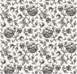 Fototapeta premium Seamless pattern. Beautiful pink blooming realistic isolated flowers. Vintage background. Set Roses wildflowers. Wallpaper. Drawing engraving. Vector victorian Illustration