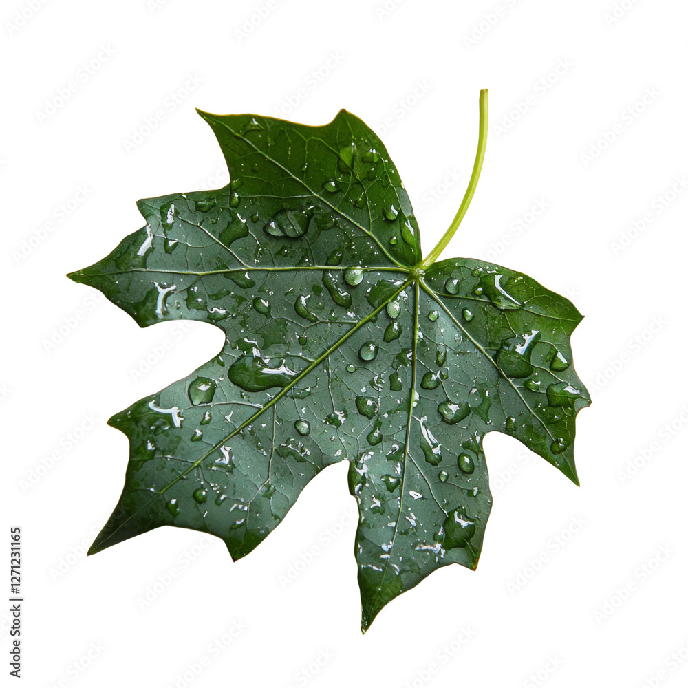Poster fresh green maple leaf with water droplets on transparency background