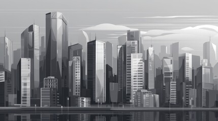 Obraz premium Monochromatic Cityscape with Modern Skyscrapers and Clouds