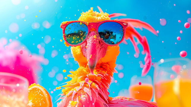 funny pink bird in sunglasses with orange jouce