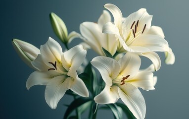 Obraz premium A bouquet of white lilies on a muted gray background