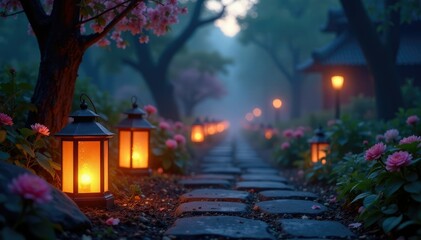 Obraz premium Softly glowing lanterns adorn misty garden pathways, soft glow, moonlight, shadows