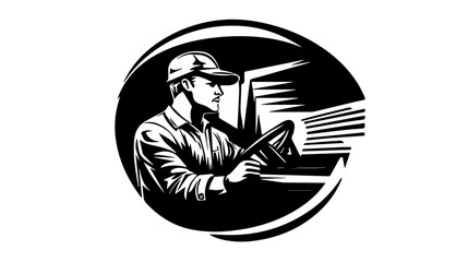 Fototapeta premium Black and white illustration of a truck driver. Trucker. Man behind the wheel. Driver.
