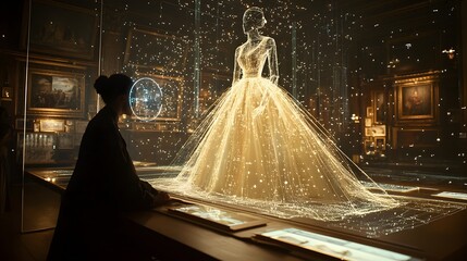 Captivating virtual dress design showcased through holographic projection featuring an elegant and luxurious gown with intricate details and a mesmerizing futuristic display