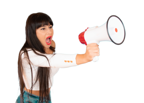 young woman shouting with a megaphone against a transparent background. PNG transparent.