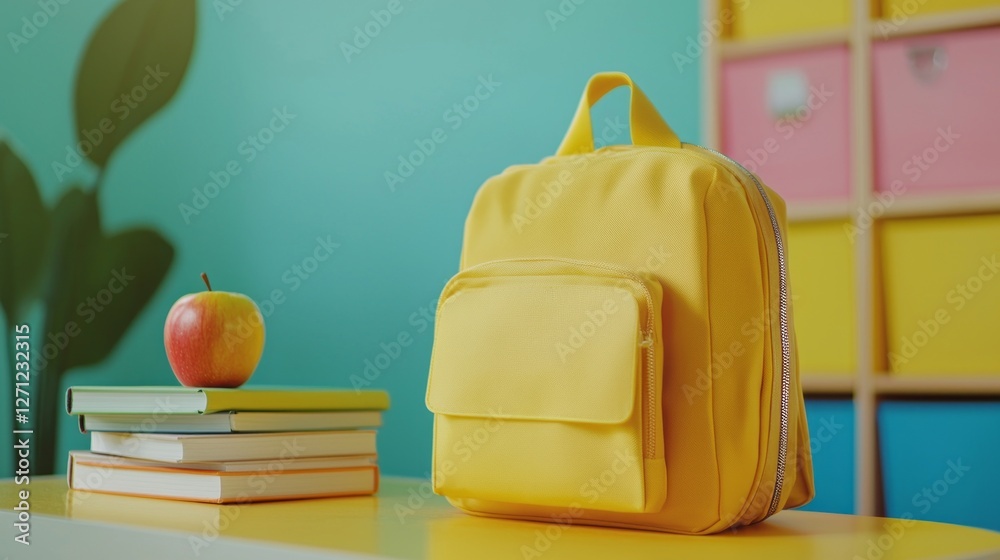 Aufkleber on a vibrant table, a cheerful yellow backpack stands beside a shiny red apple and neatly stacked co