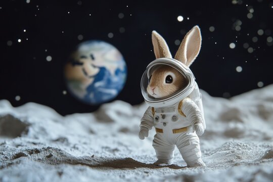 Adorable bunny astronaut standing on the moon with earth in the background