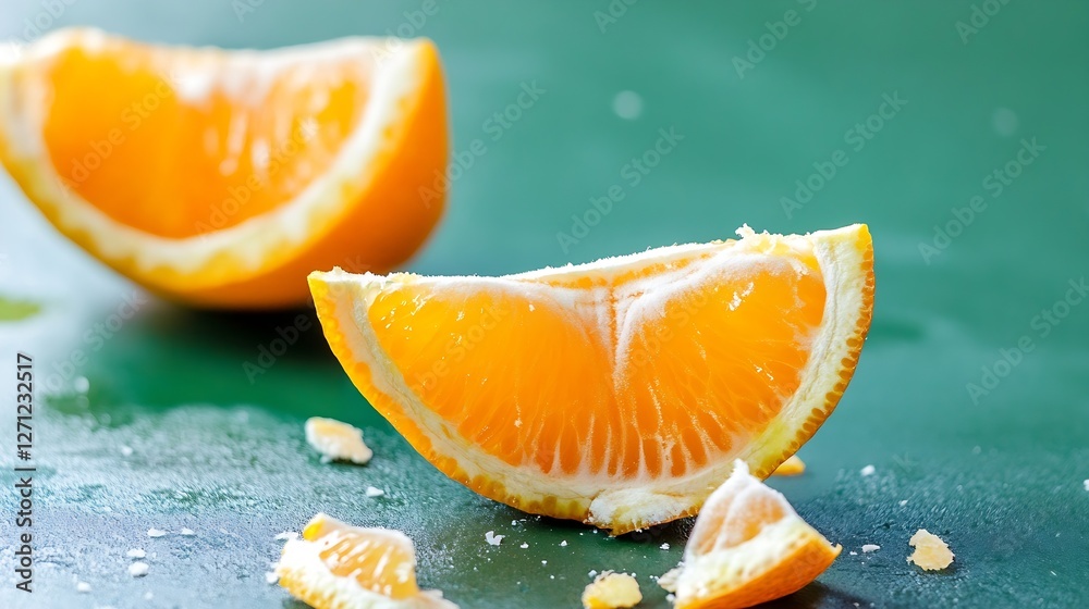 Poster Freshly cut orange slices arranged on a vibrant background with scattered zest for a pop of color : Generative AI