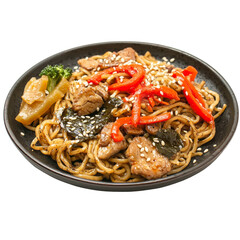 Delicious stir fried noodles with chicken, vegetables, and sesame seeds, served on black plate. This vibrant dish features red peppers, broccoli, and savory sauce