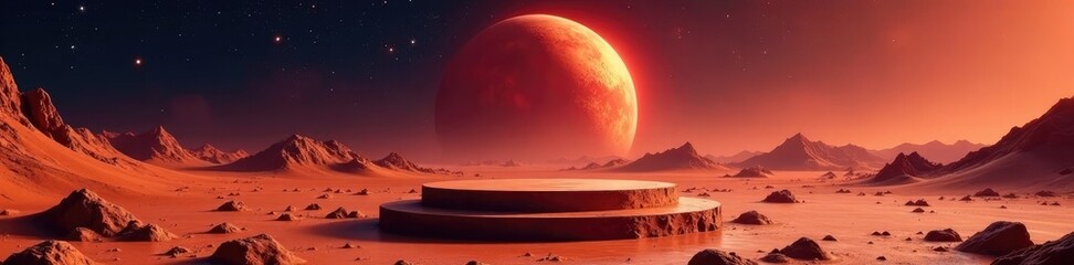 Solo Mars podium with red planet landscape behind, cosmos, mars