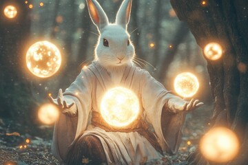 Enchanted rabbit sorcerer conjuring glowing orbs in a mystical forest