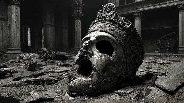 Crumbling throne room with a large skull wearing a crown in an abandoned castle